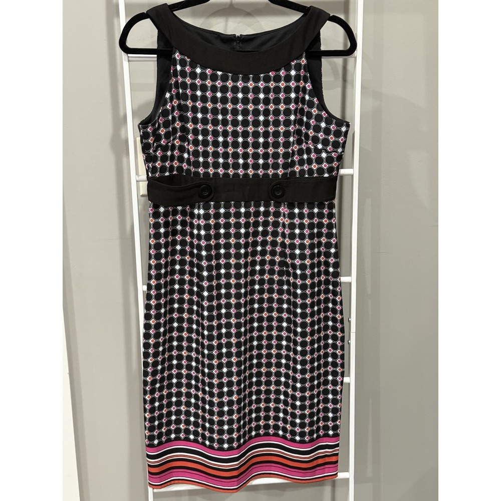 London Times Sleeveless Sheath Dress Geometric Dot Pattern‎ Striped Hem 8